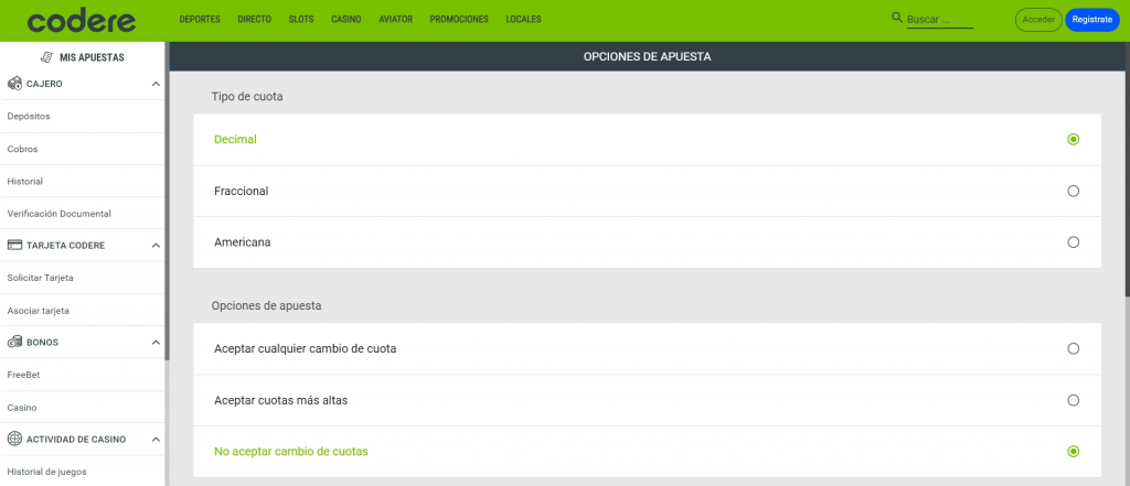 Betting options in Codere